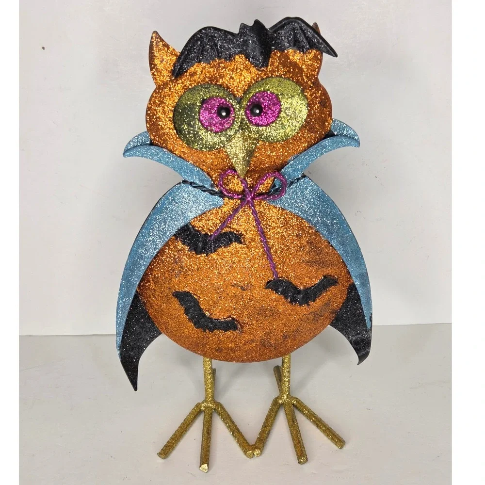 Halloween Vampire Owl Metal Glitter Tabletop Figurine Blue Cape Bat Decor 11.5in